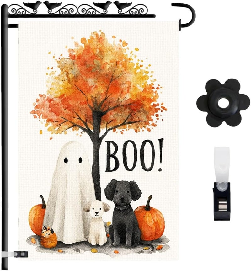 KarvePro Happy Halloween Garden Flag – Ghost with Dogs and Pumpkins Design, 12x18 Double Sided Burlap Yard Flag for Fall Outdoor Decoration, Weatherproof - Image 1